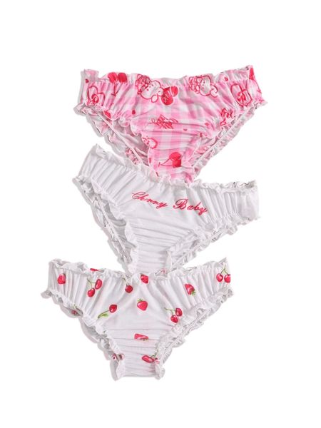 

romwe kawaii 3pack letter cartoon graphic frill panty set f9so#, Black;red