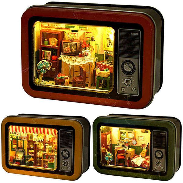 Fai da te Casa delle bambole in miniatura Kit TV Box Teatro Mobili per bambole Piccola casa in legno Roombox Regalo di Natale Giocattoli per bambini Casa AA220325