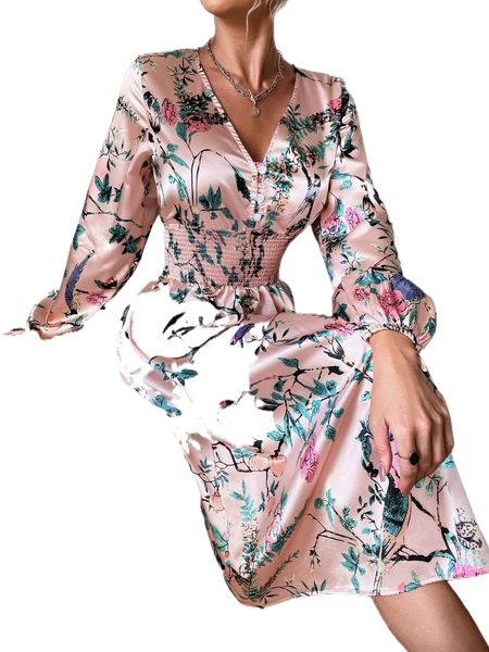 

floral & bird print v neck tie cuff shirred waist dress y5ec#, Black;gray