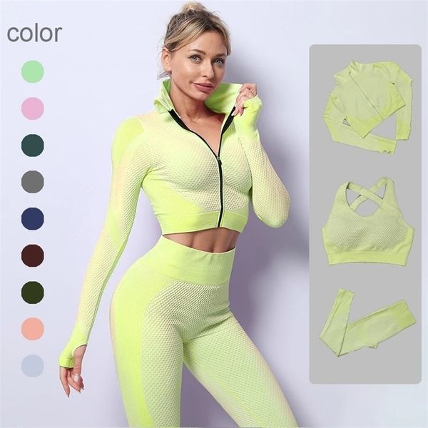 

seamless women yoga set gym clothing long sleeve crop high waist leggings workout sportswear fitness sport suit 220317, Gray