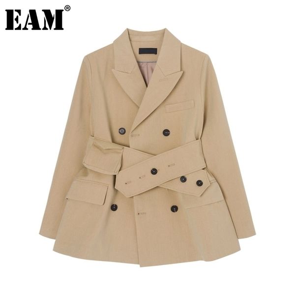 

eam women black button cross split joint blazer lapel long sleeve loose fit jacket fashion spring autumn 1z159 y201026, White;black