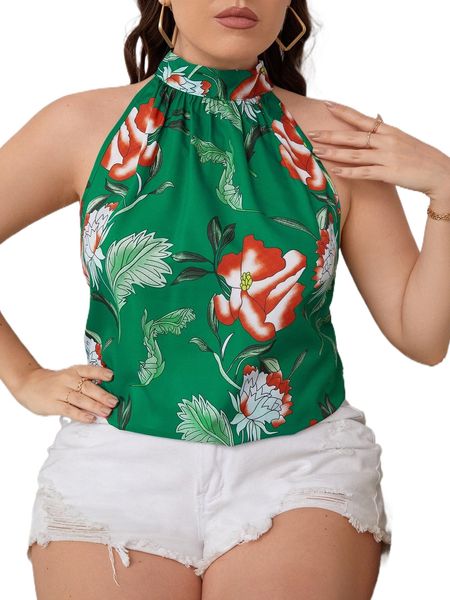 

plus floral print tie back halter neck blouse j1kr#, Black