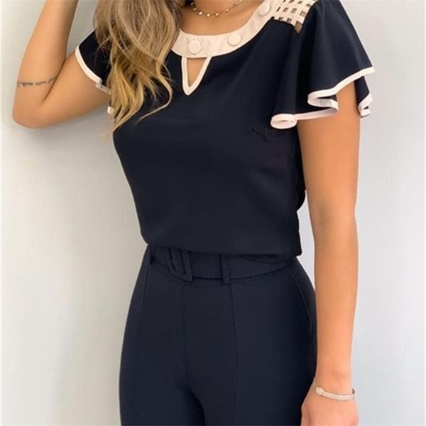 

yskkt women's fashion ruffled short sleeves chiffon casual slim fit shirts blouse 210308, White