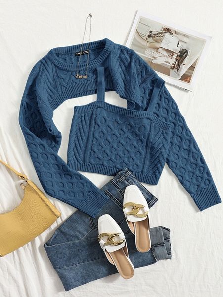 

solid cable knit sweater & cami set z1kz#, White;black