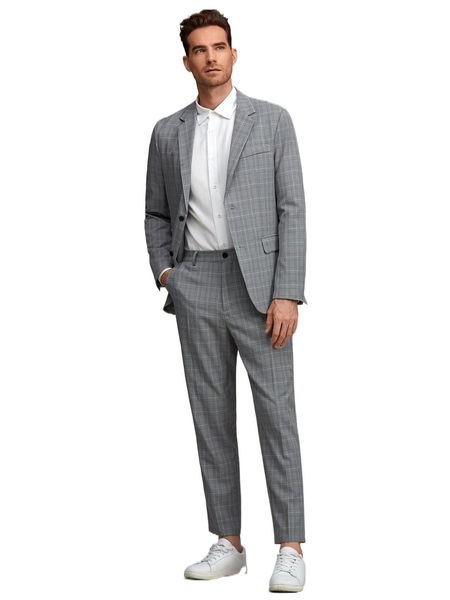

men plaid button front blazer & tailored pants 454q#, White;black
