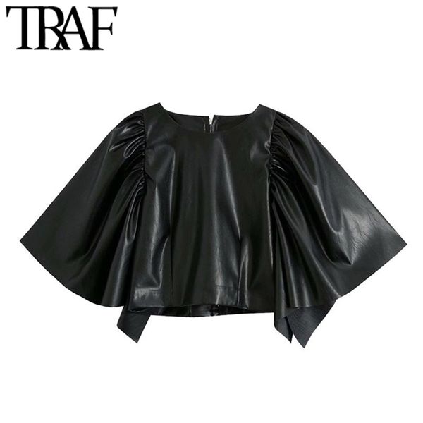 

women fashion faux leather cropped blouses vintage short sleeve shoulder pleats back zipper female shirts chic 210507, White