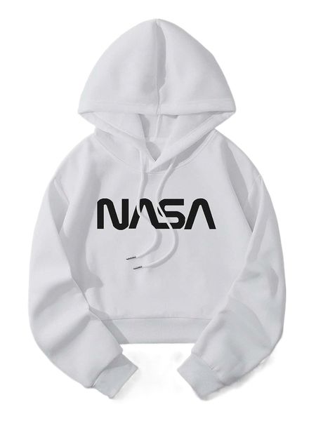 

letter graphic drop shoulder drawstring crop hoodie n2mb#, Black