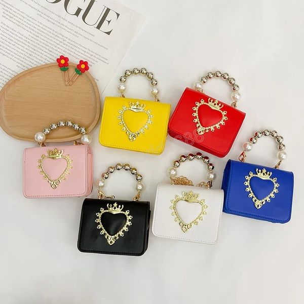 

heart crown children's shoulder bag pearl handle baby girls messenger bags cute love chain kids coin purse handbags accessories, Red;black