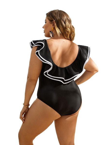 

plus contrast binding ruffle trim one piece swimsuit i3q9#, White;black