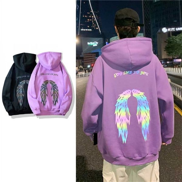 

reflective rainbow hoodies for men glow in the dark wings pullovers sportswear sweatshirts clothes wholesale 220608, Black