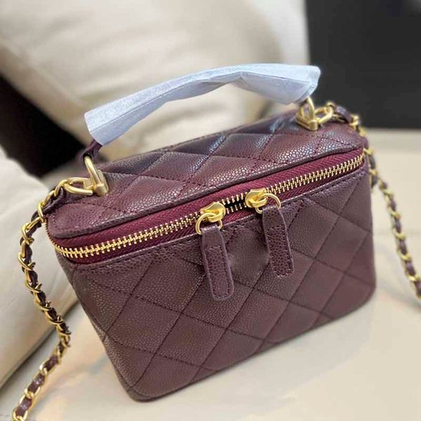 

17.5*13cm womens crossbody designer cosmetic box bags solid color genuine leather classic handbags zipper golden handheld shoulder bag mirro