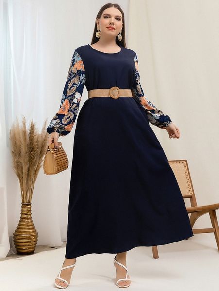 

plus floral print lantern sleeve tunic dress without belt c9rd#, Black