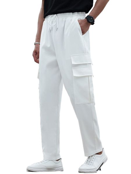 

men drawstring waist flap pocket cargo pants g9lz#, Black