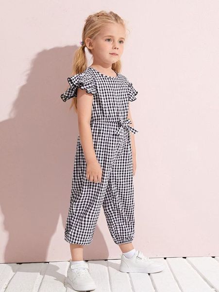 

toddler girls ruffle armhole knot waist gingham jumpsuit she, Blue