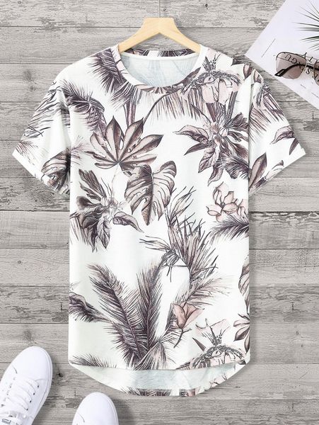 

men random tropical print high low hem tee p0kk#, White;black