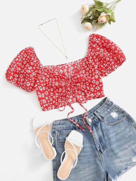 

ditsy floral puff sleeve knot front blouse g22x#, White