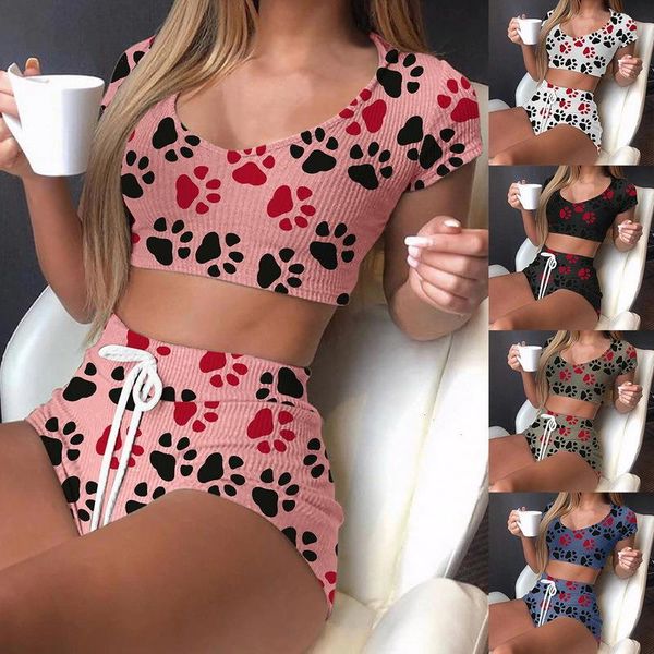 

women tight pajama set womens sleepwear lingerie floral print short sleeve shorts pijama nightie home clothes, Black;red