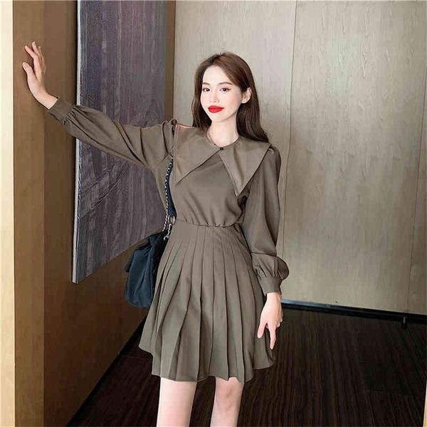 

jxmyy fall french chic fashion a-line temperament waist long sleeve pleated dress leather collar female 210412, Black;gray