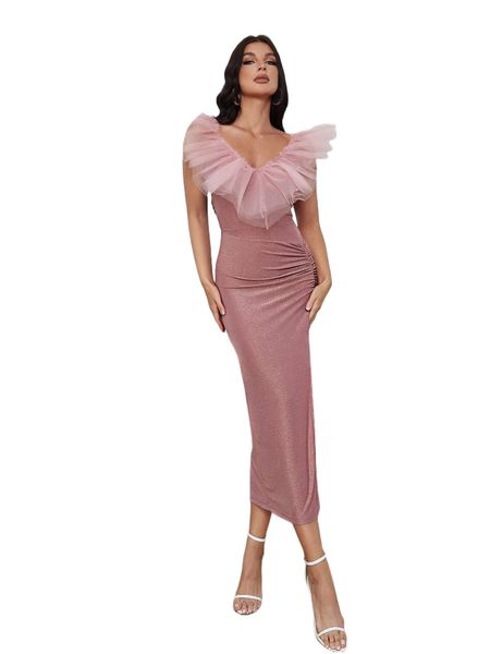 

contrast mesh ruffle trim split thigh dress 63ja#, Black;gray