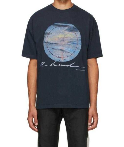 

2022 newrhude sunset print high street short sleeve loose round neck versatile vintage t-shirt fashion, White;black