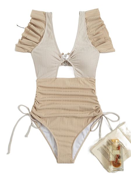 

color block ring linked drawstring side one piece swimsuit 76jo#, White;black