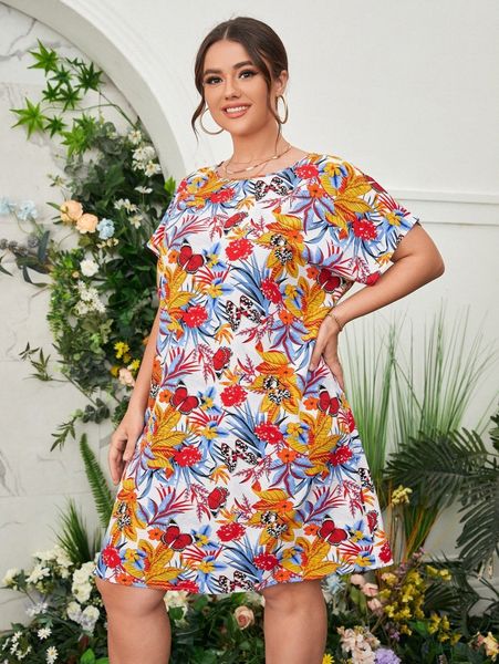 

plus plants print batwing sleeve dress y9ra#, Black