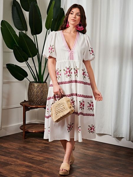 

plus floral print puff sleeve dress b6i4#, Black