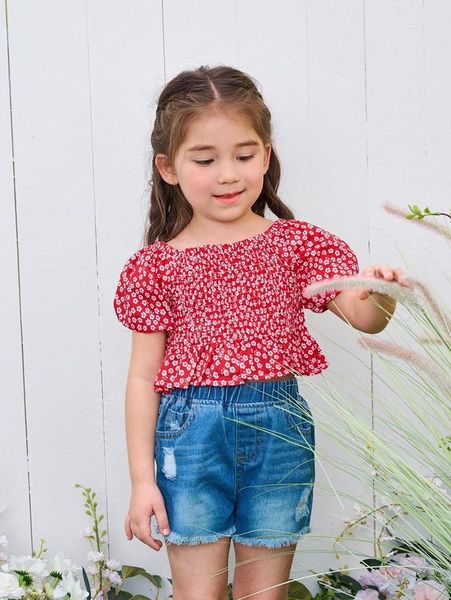 

toddler girls ditsy floral shirred puff sleeve peplum blouse she, White;black