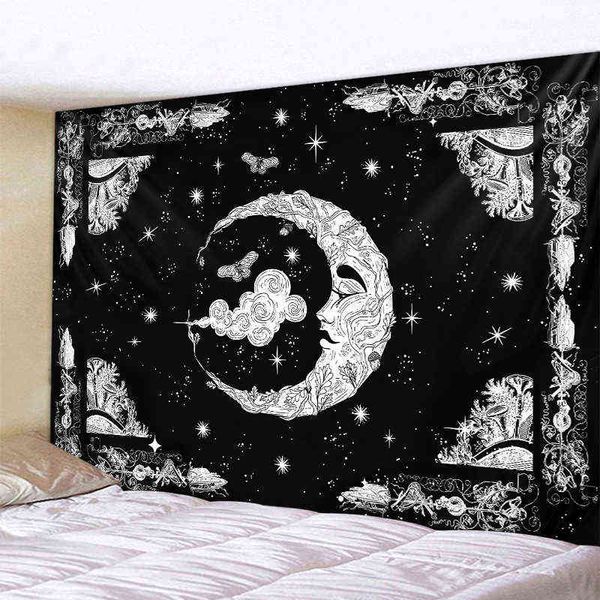 Schwarz-weißer Mond-Mandala-Wandteppich, Boho-Dekoration, Fotozimmer, Schlafzimmer, Wanddekoration, ästhetische Wand, Stoff, Wandteppiche, Tapiz J220804