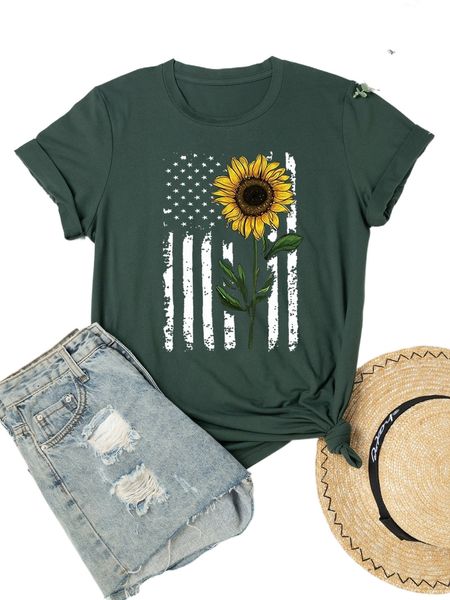 

plus american flag & floral print tee z7ve#, Black