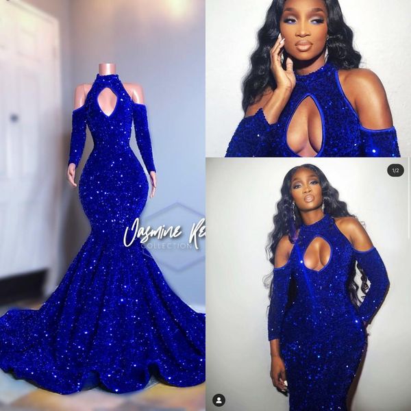 Elegante Royal Blue Mermaid Prom Dresses 2022 buco della serratura collo alto manica lunga scintillante nero ragazza abiti da sera vestido de noche mujer