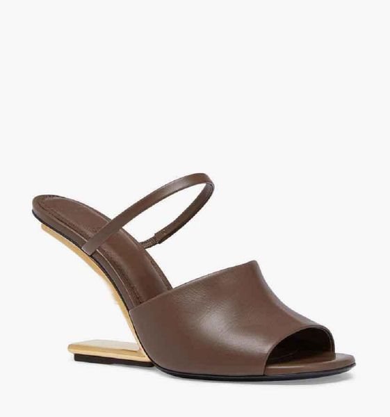 

designer first black leather high-heeled sandals with wide band and strap made of leather diagonal fshaped sculpted heel in gold-coloured me