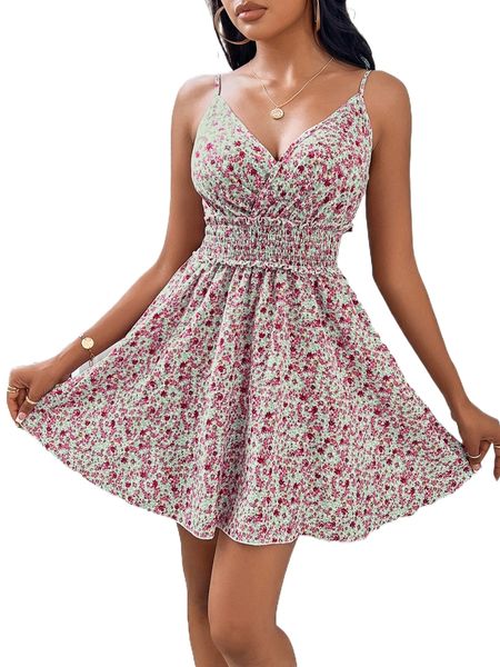 

petite ditsy floral print shirred waist cami dress a4vb#, Black;gray