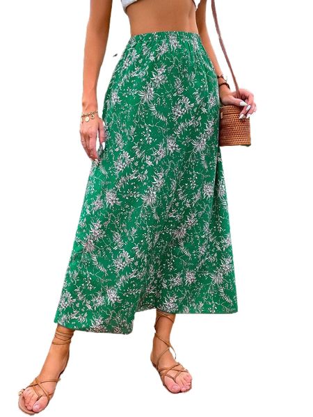 

all over floral print elastic waist skirt a180#, Black