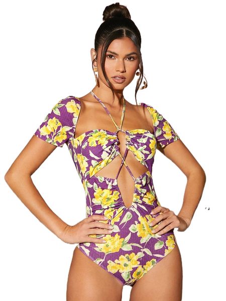

floral print drawstring tie back bodysuit b0y1#, White