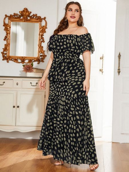 

plus allover print bardot dress q13e#, Black