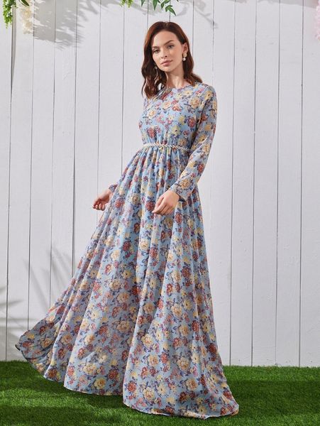 

allover floral print dress l4ys#, Black;gray
