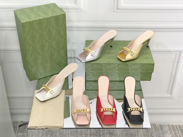 

2022 summer new sandals, sheepskin, metal chain, square head, fish mouth, high-heeled sandals and slippers, women's stiletto heels, lea, Black