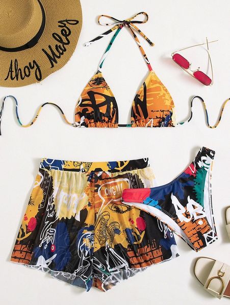

allover print halter triangle bikini swimsuit with beach shorts j2wo#, White;black