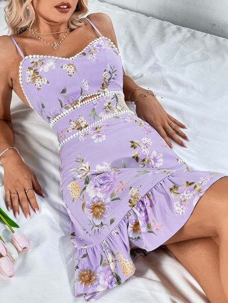 

floral print backless ruffle hem dress l3lb#, Black;gray