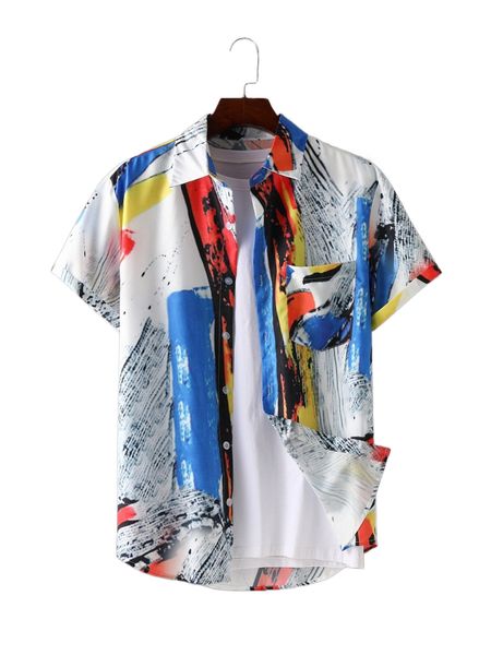 

men 1pc random allover print pocket patched shirt i40l#, White;black