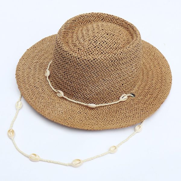 

neck chain sun hats for women shells strap rope beach cap ladies paper straw uv hats, Blue;gray