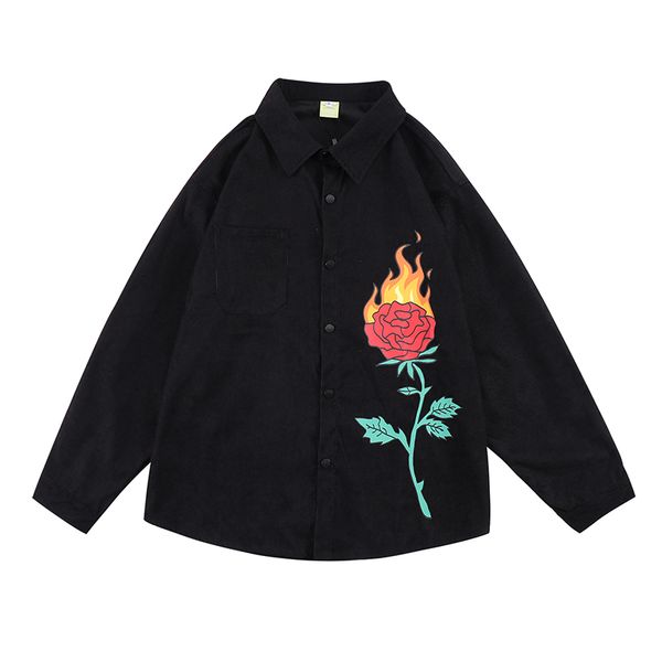 

embroidery back letter black men's autumn shirt lapel single breasted loose clothes, White;black