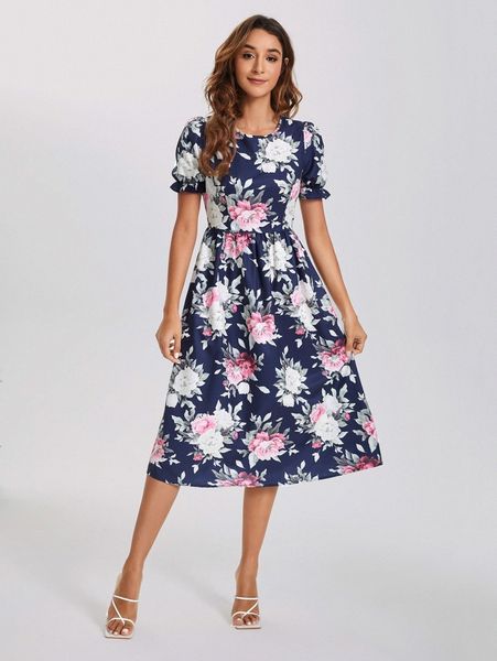 

1pc floral print puff sleeve dress f6kj#, Black;gray