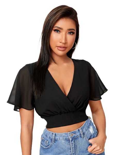 

petite shirred detail flounce sleeve 22tw#, White