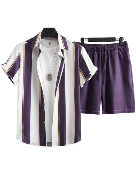 

men block striped shirt & drawstring waist shorts without tee 14pl#, Gray