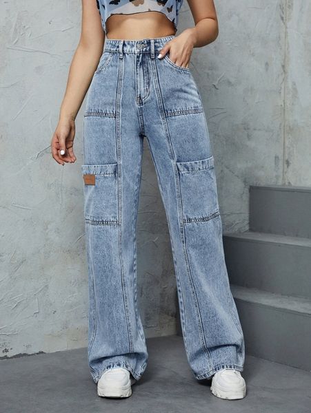 

patched detail cargo jeans u2o5#, Blue