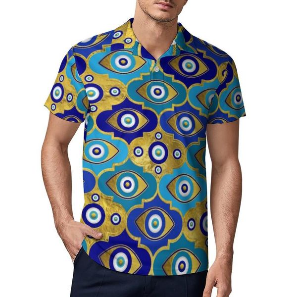 Herren Polos Blaue Evil Eye Print Hemden Nazar Charm Freizeithemd Sommer Vintage T-Shirts Herren Kurzarm Umlegekragen Oversize TopHerren