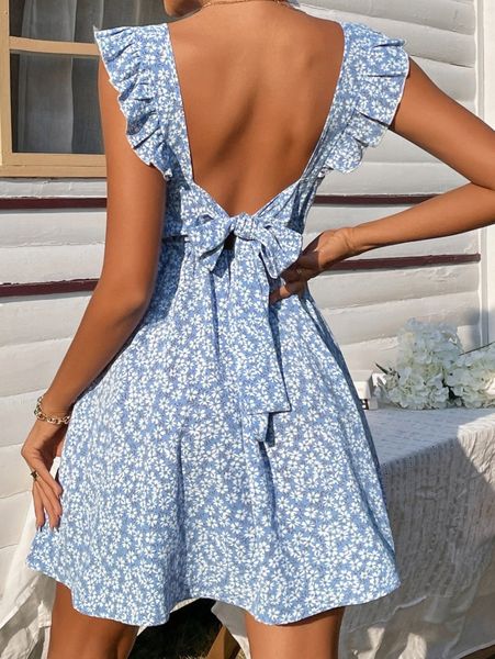 

ditsy floral backless knot ruffle trim dress p1jm#, Black;gray