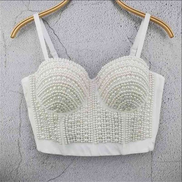 

women fashion pearl beads camisole sleeveless bustier clothing push up night club bralette crop l542 210401, White